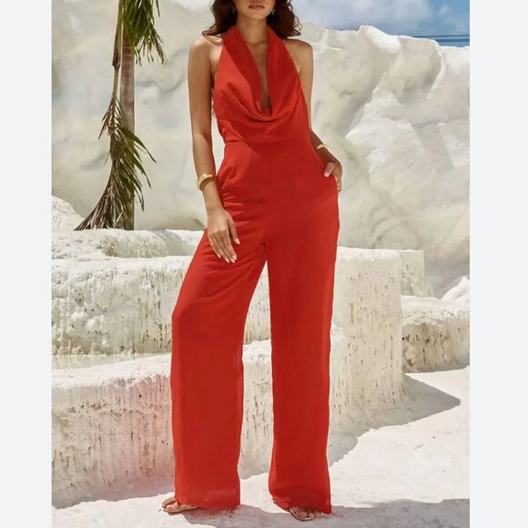 WeWoreWhat Women Vibrant Red Satin Charm Halter Jumpsuit Size 4 NWT 148$ - Picture 1 of 12